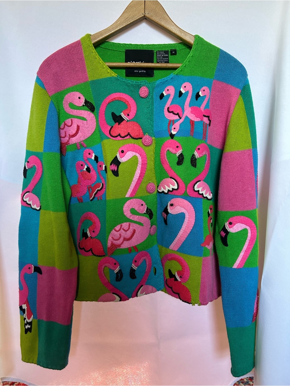 Vintage 1999 Michael Simon Flamingo, Patchwork Cardigan with Beaded Appliqué